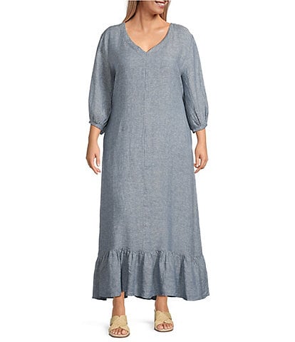 Bryn Walker Plus Lana Cross-Dyed Linen V-Neck 3/4 Sleeve Ruffle Hem Dress