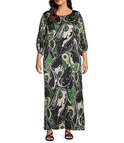 Bryn Walker Plus Lanterna Giardino Viscose Satin Round Neck 3/4 Sleeve Dress