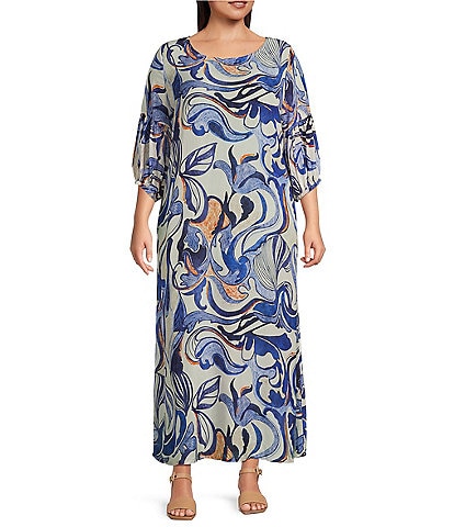 Bryn Walker Plus Lanterna Printed Round Neck 3/4 Sleeve A-Line Dress
