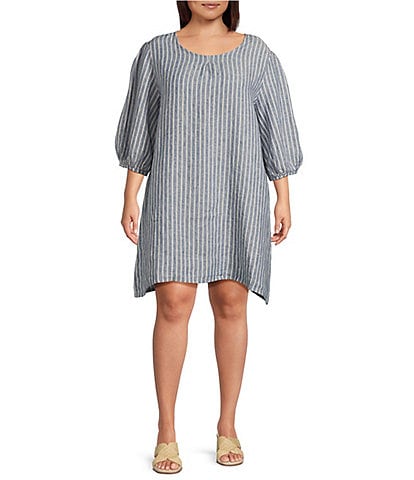 Bryn Walker Plus Lucien Stripe Linen Round Neck 3/4 Balloon Sleeve Dress