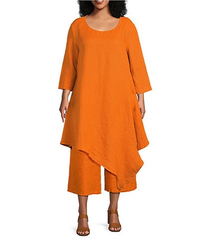 Bryn Walker Plus Naida Light Linen Round Neck 3/4 Sleeve Asymmetrical Tunic