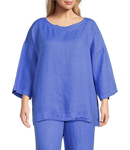 Bryn Walker Plus Resort Light Linen Round Neck 3/4 Sleeve Shirt