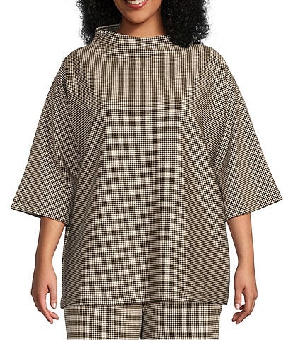 Bryn Walker Plus Size Adria Houndstooth Jacquard Funnel Neck 3/4 Sleeve Tunic