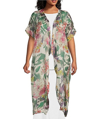Bryn Walker Plus Size Anja Silk Floral Print Sheer Short Sleeve Cardigan
