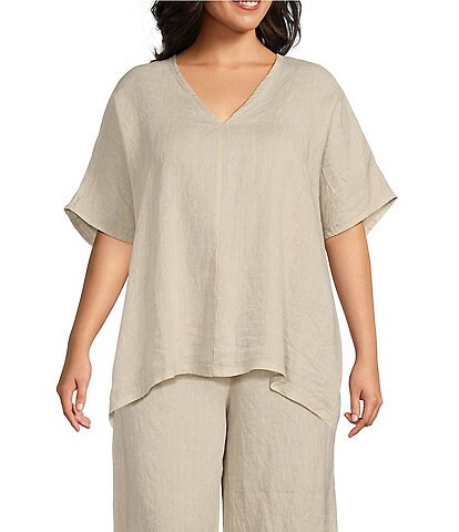 Bryn Walker Plus Size Baxter Natural Linen V-Neck Short Sleeve Coordinating Oversized Shirt