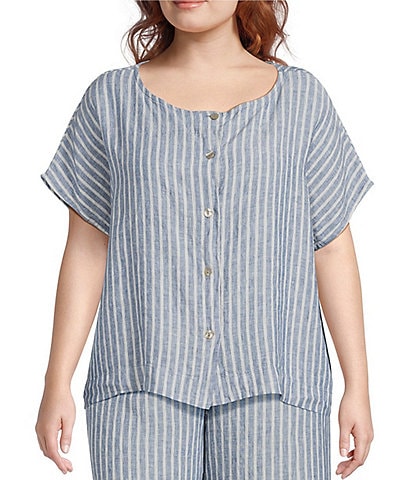 Bryn Walker Plus Size Bessie Stripe Linen Crew Neck Short Sleeve Button Front Coordinating Shirt