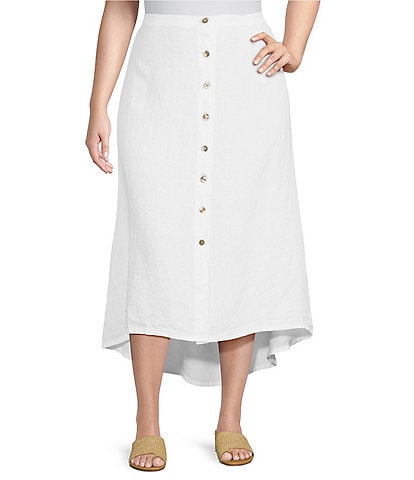 Bryn Walker Plus Size Cinzia Light Linen Elastic Waist High-Low Hem Midi A-Line Skirt
