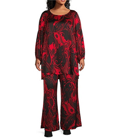 Bryn Walker Plus Size Coordinating Giardino Print Satin Scoop Neck Long Sleeve Lantern Tunic
