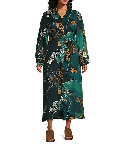 Bryn Walker Plus Size Crepe Woven Geraldine Floral Mandarin Collar Long Sleeve Button Front Shirt Dress