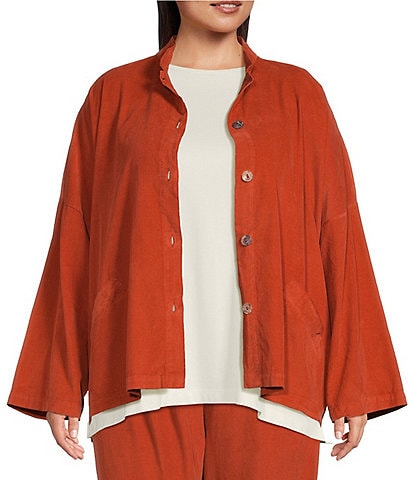 Bryn Walker Plus Size Danuta Corduroy Mandarin Collar Long Wide Sleeve Button Front Oversized Jacket