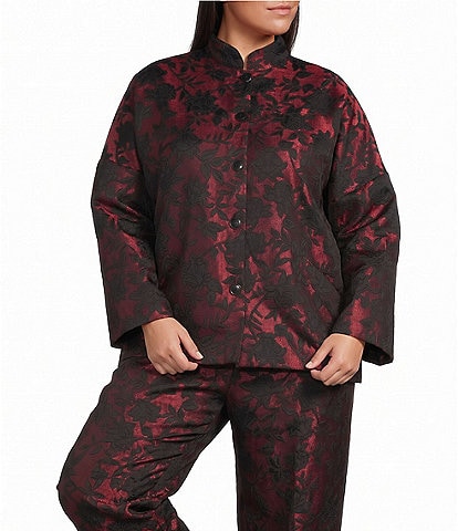 Bryn Walker Plus Size Danuta Floral Mandarin Collar Long Wide Sleeve Oversized Button-Front Coordinating Jacket