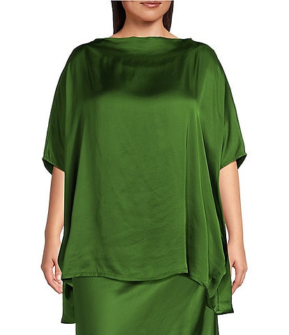 Bryn Walker Plus Size Debo Viscose Satin Drape Boat Neck Cap Sleeve High-Low Tunic