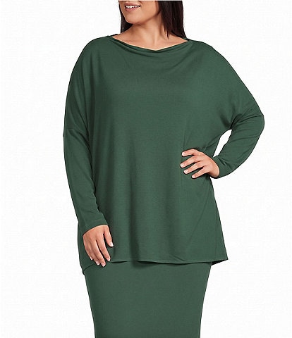 Bryn Walker Plus Size Dimitri Grey French Terry Draped Neck Long Dolman Sleeve Oversized Tunic