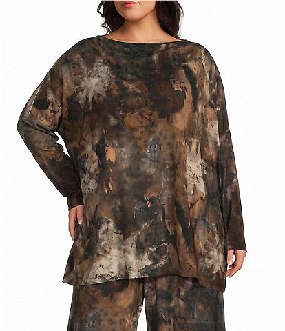 Bryn Walker Plus Size Dimitri Jersey Knit Abstract Print Draped Neck Long Dolman Sleeve Oversized Coordinating Tunic