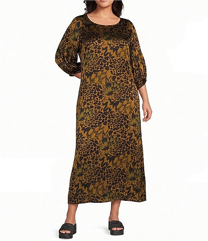 Bryn Walker Plus Size Feather Print Round Neck 3/4 Sleeve Oversized Dress