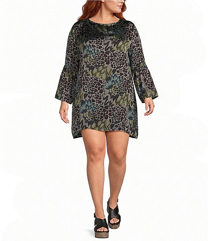 Bryn Walker Plus Size Feather Print Round Neck Long Ruffle Bell Sleeve Tunic