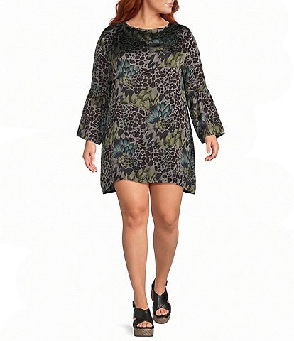Bryn Walker Plus Size Feather Print Round Neck Long Ruffle Bell Sleeve Mini Dress