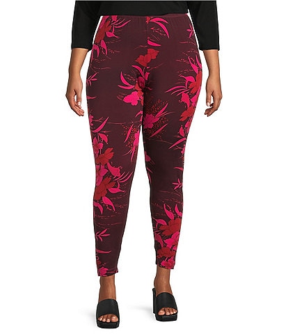 Bryn Walker Plus Size Fiori Printed Viscose Jersey Elastic Waist Basic Leggings