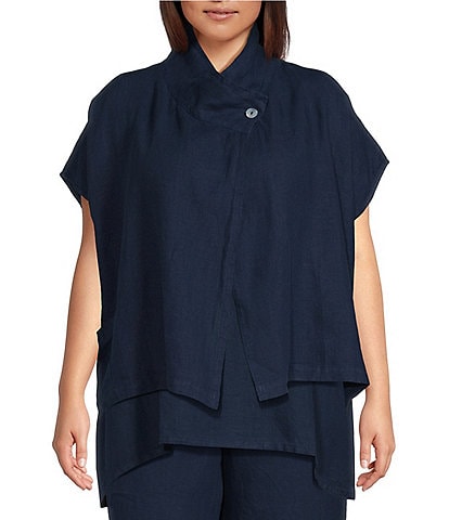 Bryn Walker Plus Size Greta Light Linen Mock Neck Cap Sleeve Patch Pocket Vest