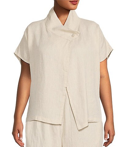Bryn Walker Plus Size Greta Natural Linen Mock Neck Short Sleeve Vest