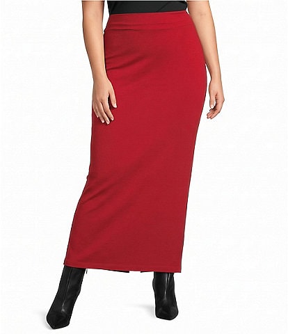 Bryn Walker Plus Size Grey French Terry Midi Slim Pull-On Pencil Skirt