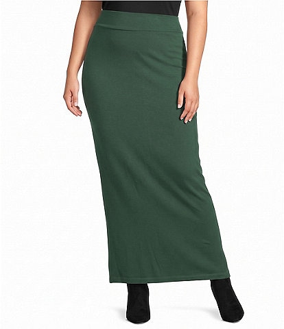 Bryn Walker Plus Size Grey French Terry Midi Slim Pull-On Pencil Skirt