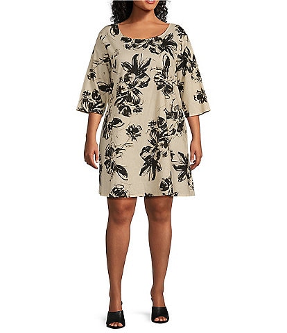 Bryn Walker Plus Size Hopper Linen Blend Floral Print Scoop Neck 3/4 Sleeve Shift Dress