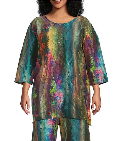 Bryn Walker Plus Size Jaida Taffeta Nebulosa Print Scoop Neck 3/4 Sleeve Oversized Tunic