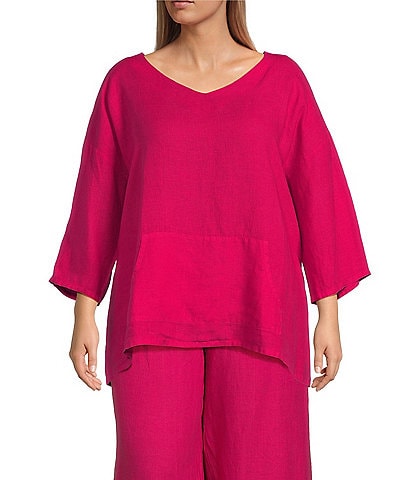 Bryn Walker Plus Size Judy Light Linen V-Neck 3/4 Sleeve Oversized Shirt