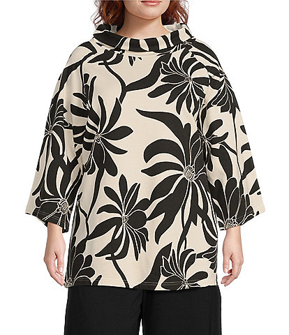 Bryn Walker Plus Size Keena Bamboo Fleece Floral Print Cowl Neck 3/4 Sleeve Tunic