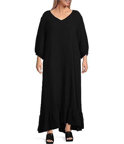 Bryn Walker Plus Size Lana Cotton Gauze V-Neck 3/4 Sleeve Ruffle Hem Shift Dress