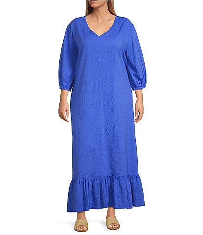Bryn Walker Plus Size Lana Seersucker V-Neck 3/4 Puff Sleeve Ruffle Hem Shift Long Dress