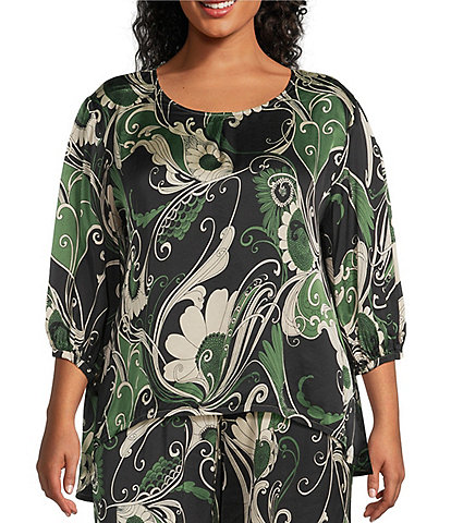 Bryn Walker Plus Size Lucinda Giardino Viscose Satin Round Neck 3/4 Sleeve Shirt