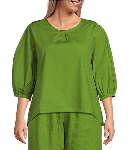 Bryn Walker Plus Size Lucinda Organic Cotton Poplin Crew Neck 3/4 Sleeve High-Low Hem Shirt