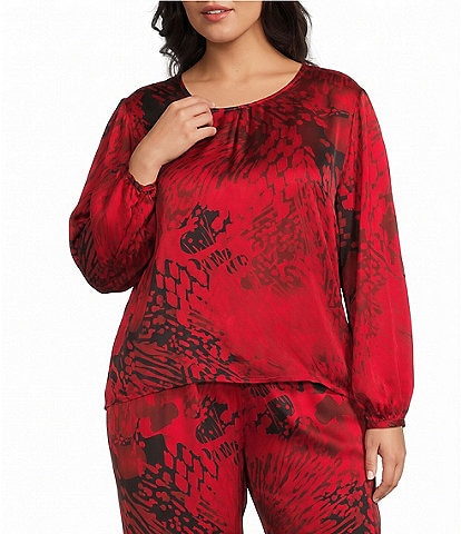 Bryn Walker Plus Size Lucinda Satin Woven Abstract Grunge Pattern Round Neck Long Dolman Sleeve High-Low Hem Coordinating Shirt