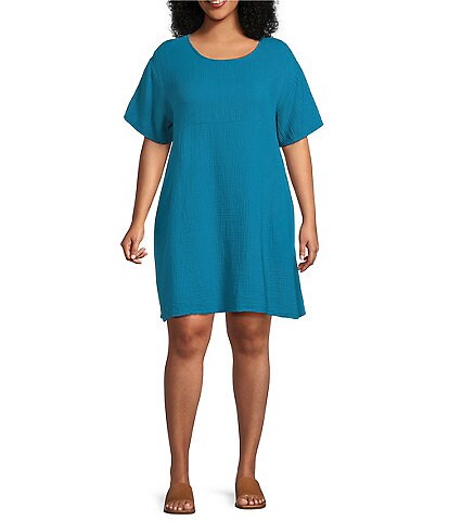 Bryn Walker Plus Size Mara Cotton Gauze Round Neck Short Sleeve Tunic Dress