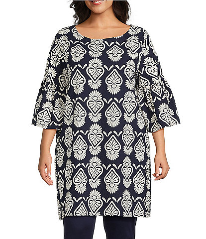 Bryn Walker Plus Size Riviera Tulum Print Round Neck 3/4 Sleeve Tunic