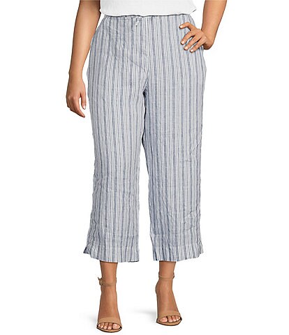Bryn Walker Plus Size Saba Stripe Print Linen Drawstring Waist Straight Leg Cropped Pants
