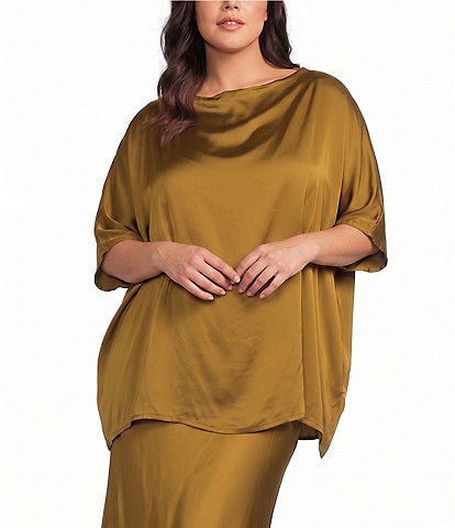 Bryn Walker Plus Size Satin Woven Draped Neck Cap Sleeve Oversized Tunic