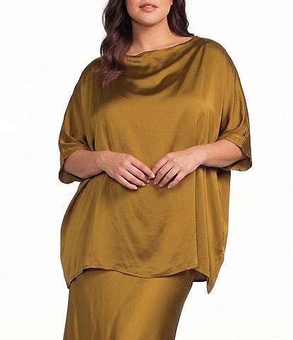 Bryn Walker Plus Size Satin Woven Draped Neck Short Sleeve Oversized Coordinating Tunic