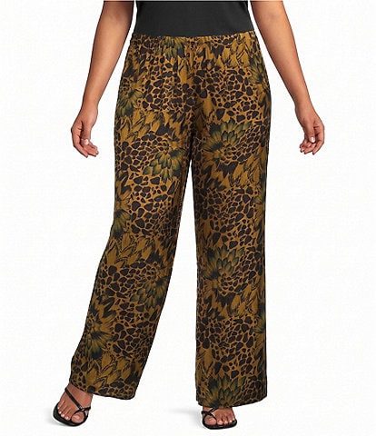Bryn Walker Plus Size Satiny Woven Feather Print Wide-Leg Pull-On Pants