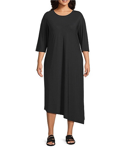 Bryn Walker Plus Size Sydney Microfiber Jersey Round Neck Elbow Sleeve Asymmetrical Hem Dress