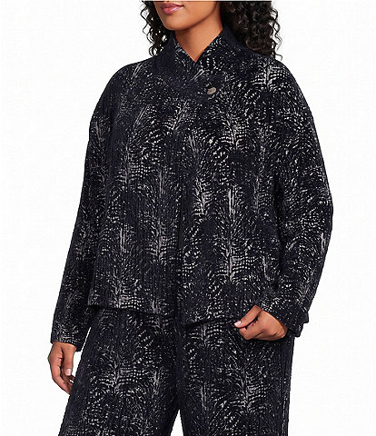 Bryn Walker Plus Size Velvet Chenille Printed Mandarin Collar Long Sleeve Button-Front Coordinating Crop Jacket