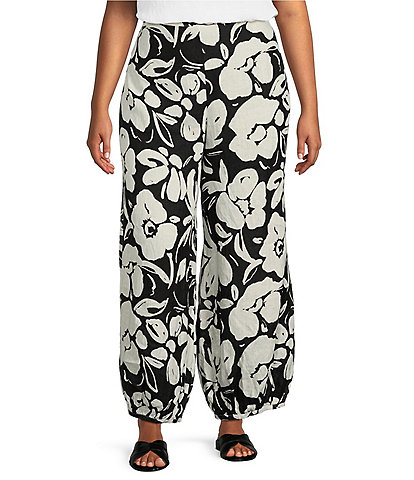 Bryn Walker Plus Size Woven Floral Balloon Leg Pull-On Coordinating Ankle Pants