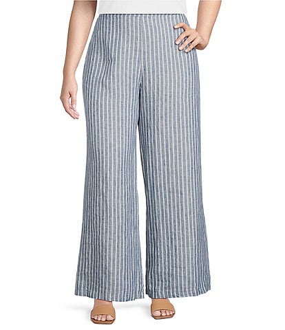 Bryn Walker Plus Stripe Linen Flat Front Elastic Waist Wide Leg Coordinating Pants