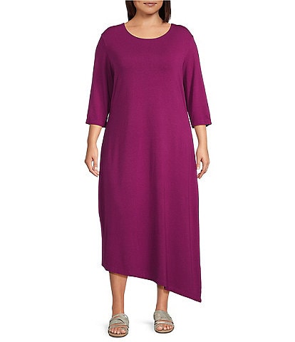 Bryn Walker Plus Sydney Organic Bamboo Cotton Blend Round Neck Elbow Sleeve Asymmetrical Dress