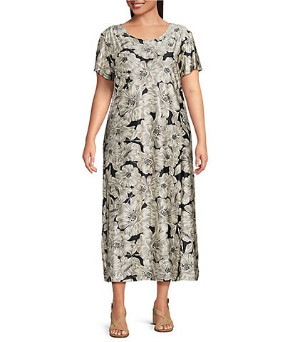 Bryn Walker Plus Wesley Bianchi Fiori Stretch Knit Round Neck Short Sleeve Dress
