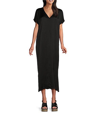 Bryn Walker Rebecca Satiny Woven V-Neck Cap Sleeve Oversized Dress