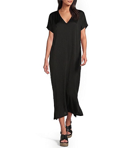 Bryn Walker Rebecca Satiny Woven V-Neck Cap Sleeve Oversized Dress