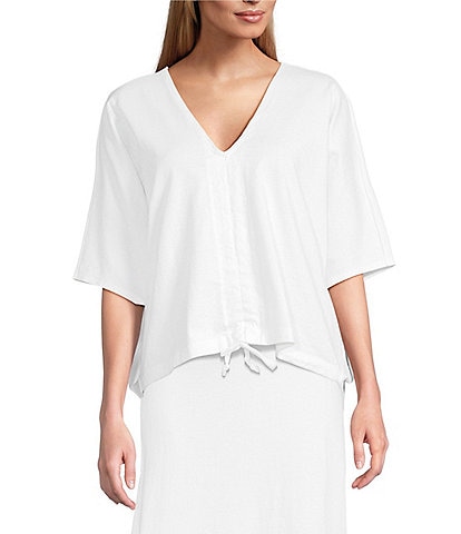 Bryn Walker Ria Cotton Jersey V-Neck Short Dolman Sleeve Ruched Center High-Low Shirt